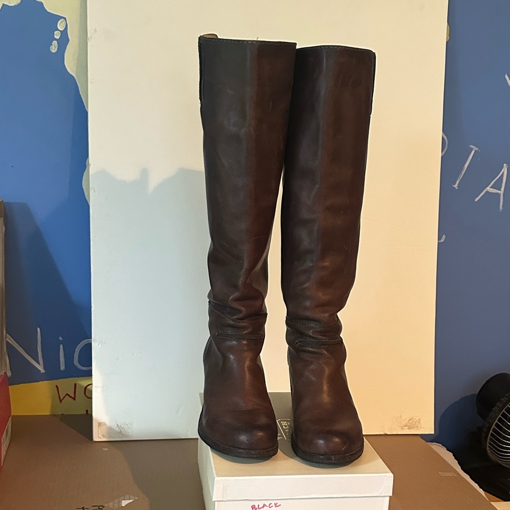 Frye Dark Brown Tall Leather Back Zipper Boots